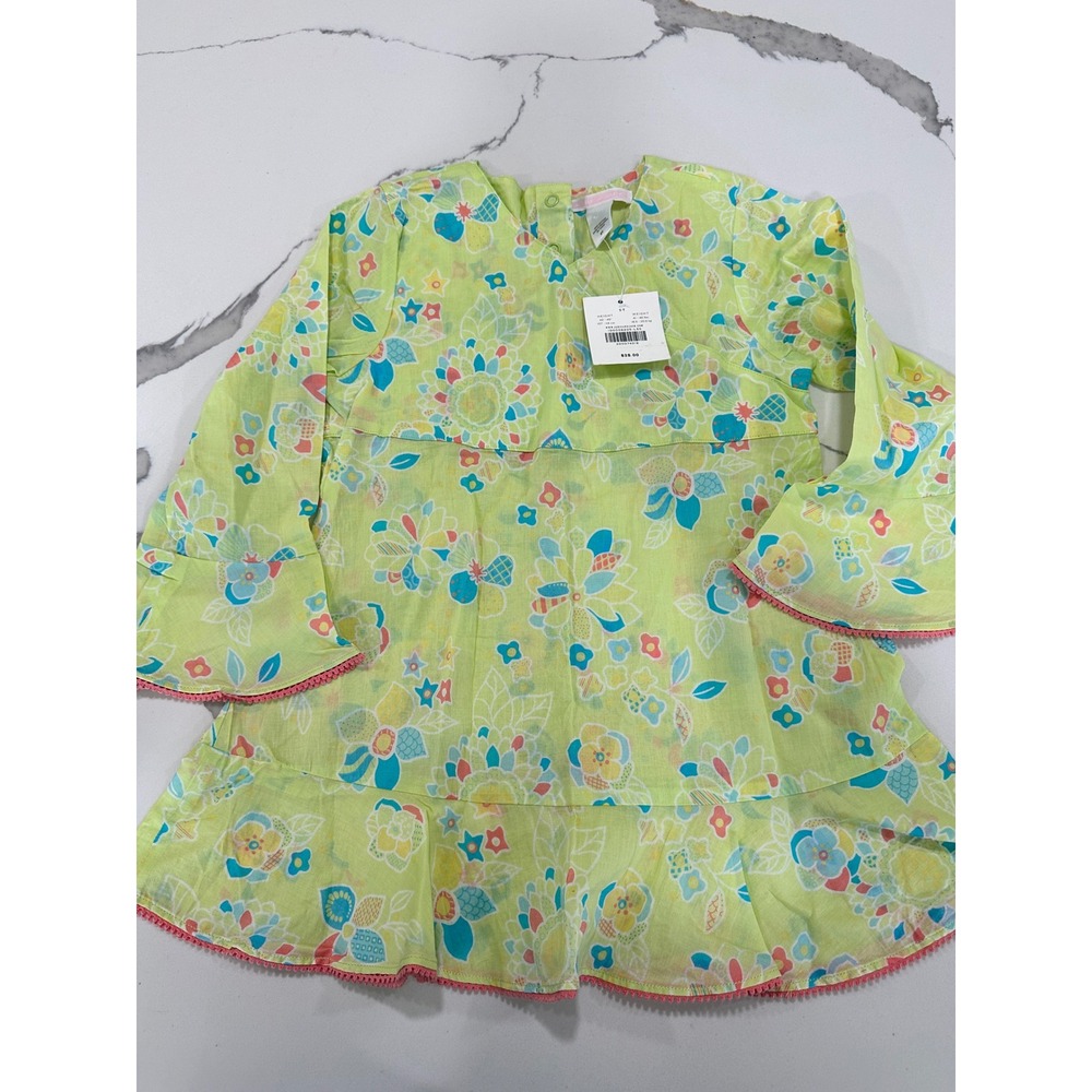 Janie and Jack Girls 5T Lime Green Floral Tunic Dress Pink Pom‎ Pom Trim NWT